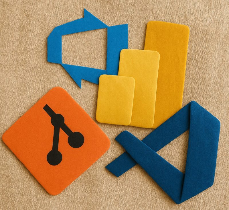 Power BI, Git, Azure DevOps, Visual Studio Code, VS Code logos composition on a piece of Fabric